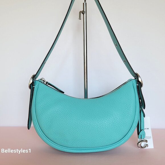 COACH Luna Soft Pebbled Leather Shoulder Bag with C Dangle Charm-Faded Blue 🎈 - Picture 1 of 16
